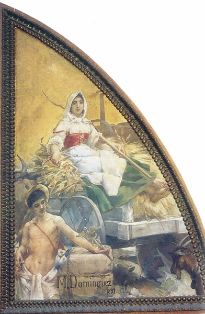 Uno de los ocho lunetos de la bóveda de la escalera principal pintados por Manuel Domínguez. Foto extraída del libro El Palacio de Fomento.