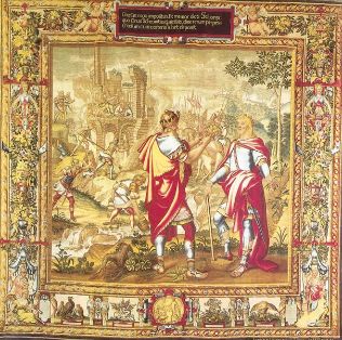 Gran tapiz que representa a Ciro salvando a Creso de la hoguera. Siglo XVIII. Foto extraída del libro El Palacio de Fomento.